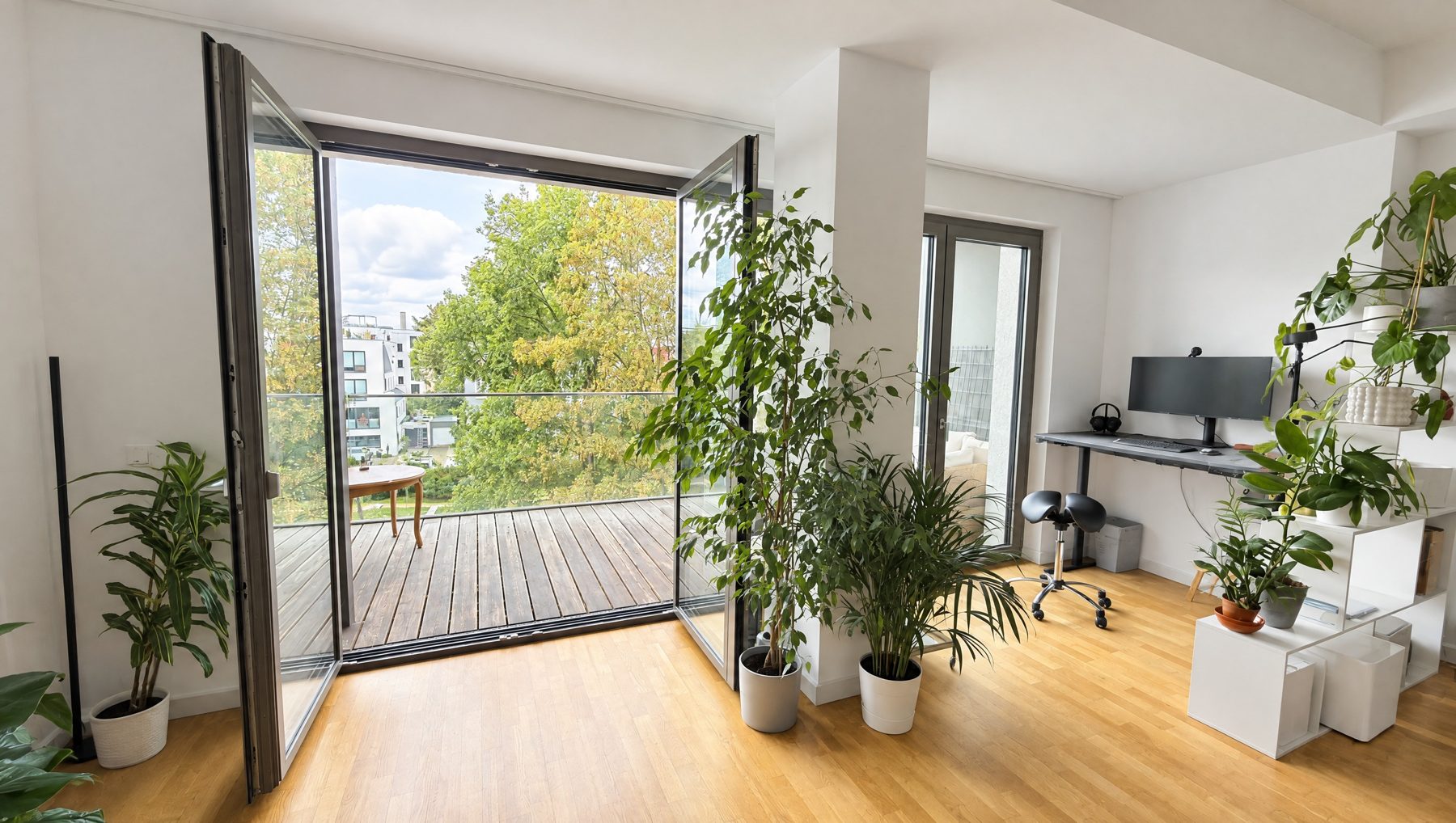 Geöffnete Glastüren zum Balkon, davor Pflanzen und der Arbeitsplatz
