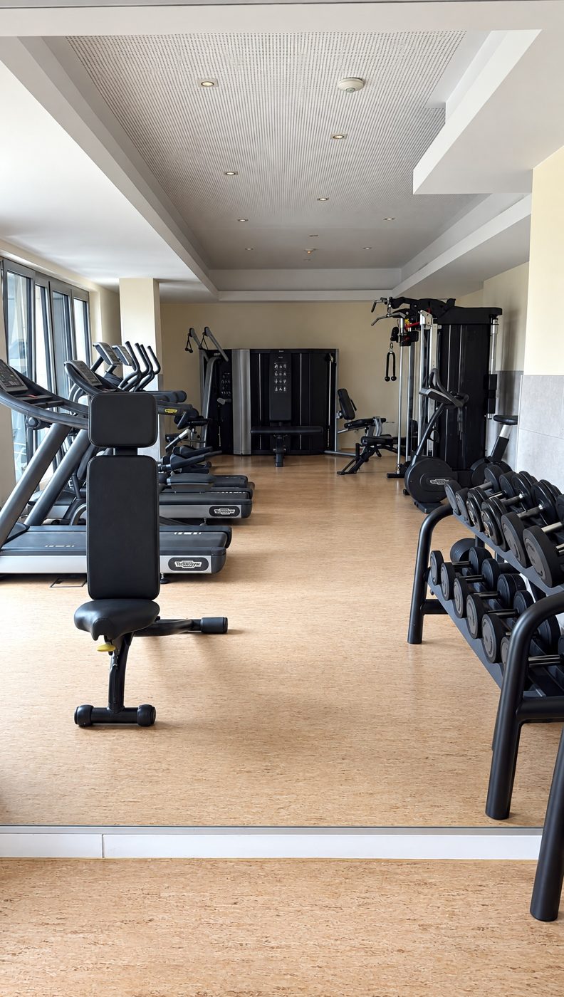 Fitnessraum im Haus mit Laufbändern, Hantelbank und Kurzhanteln